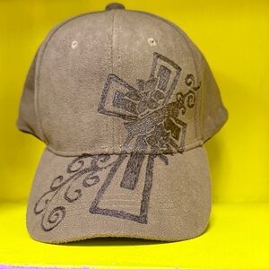Tan suede hand burnt cap with cross
